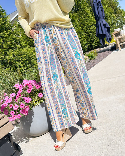 Primrose Linen Border Print Crop Wide Leg Pants