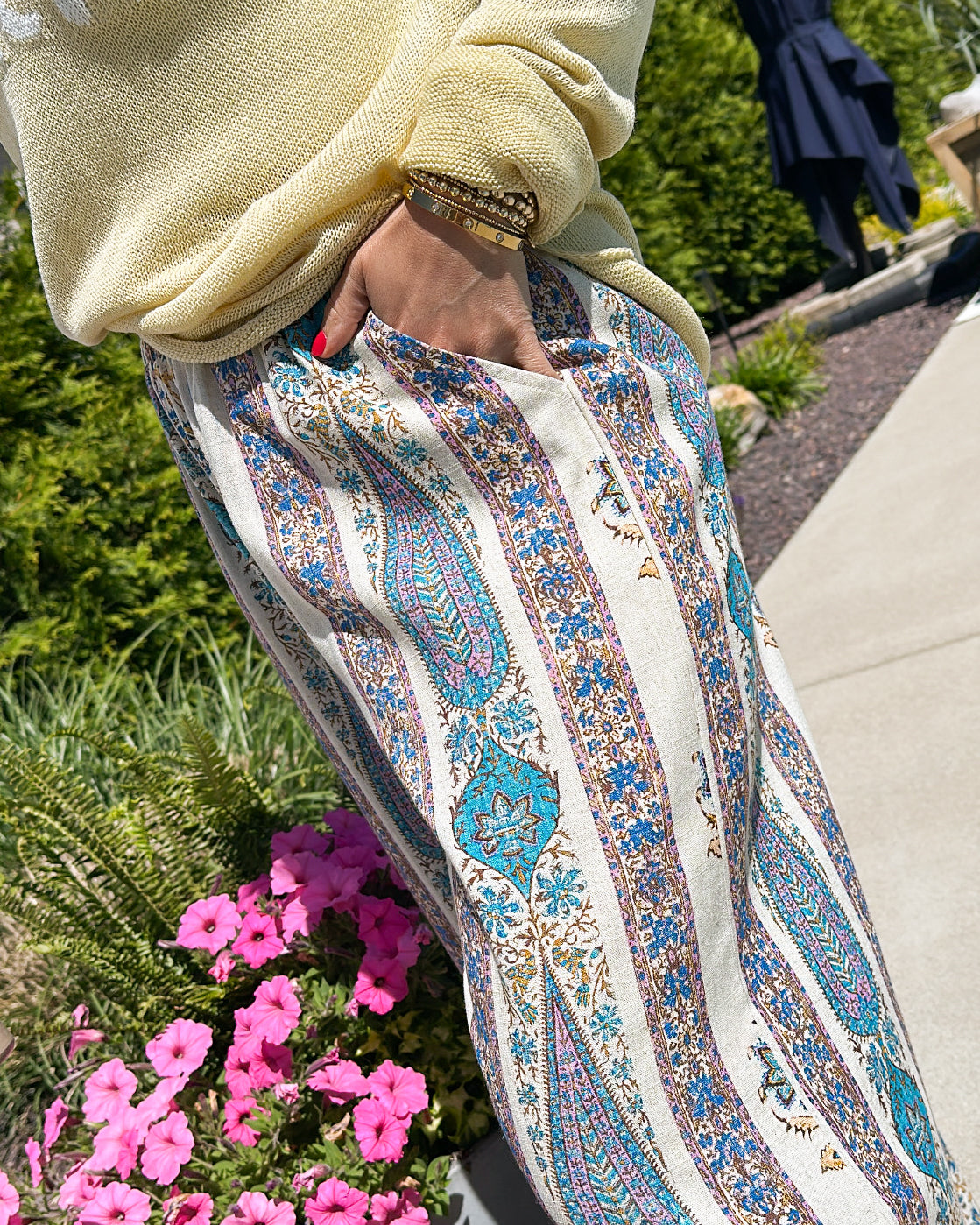 Primrose Linen Border Print Crop Wide Leg Pants