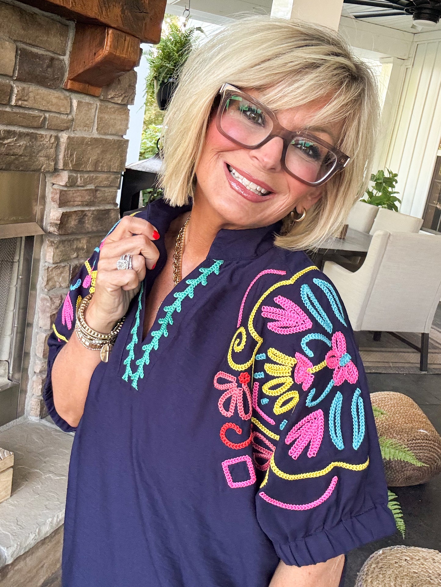 Sunshine Serenade Embroidered Split Neck Blouse