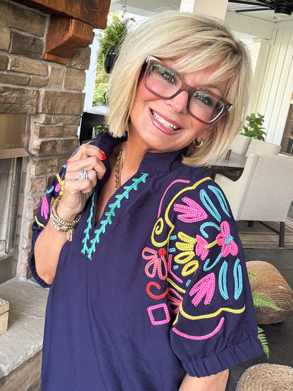 Sunshine Serenade Embroidered Split Neck Blouse