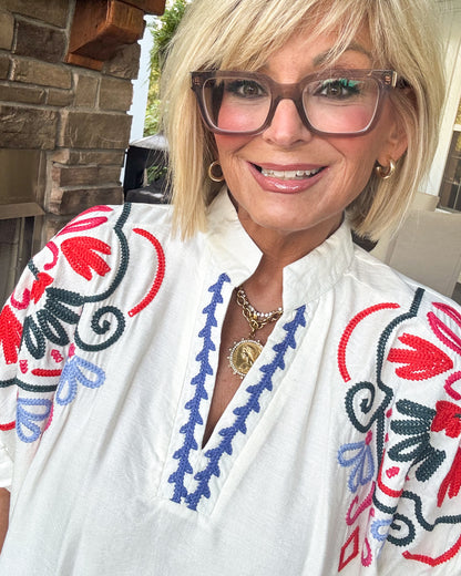 Sunshine Serenade Embroidered Split Neck Blouse