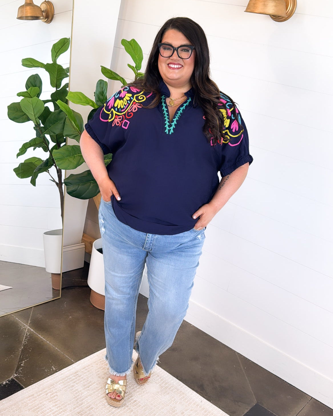 Sunshine Serenade Embroidered Split Neck Blouse