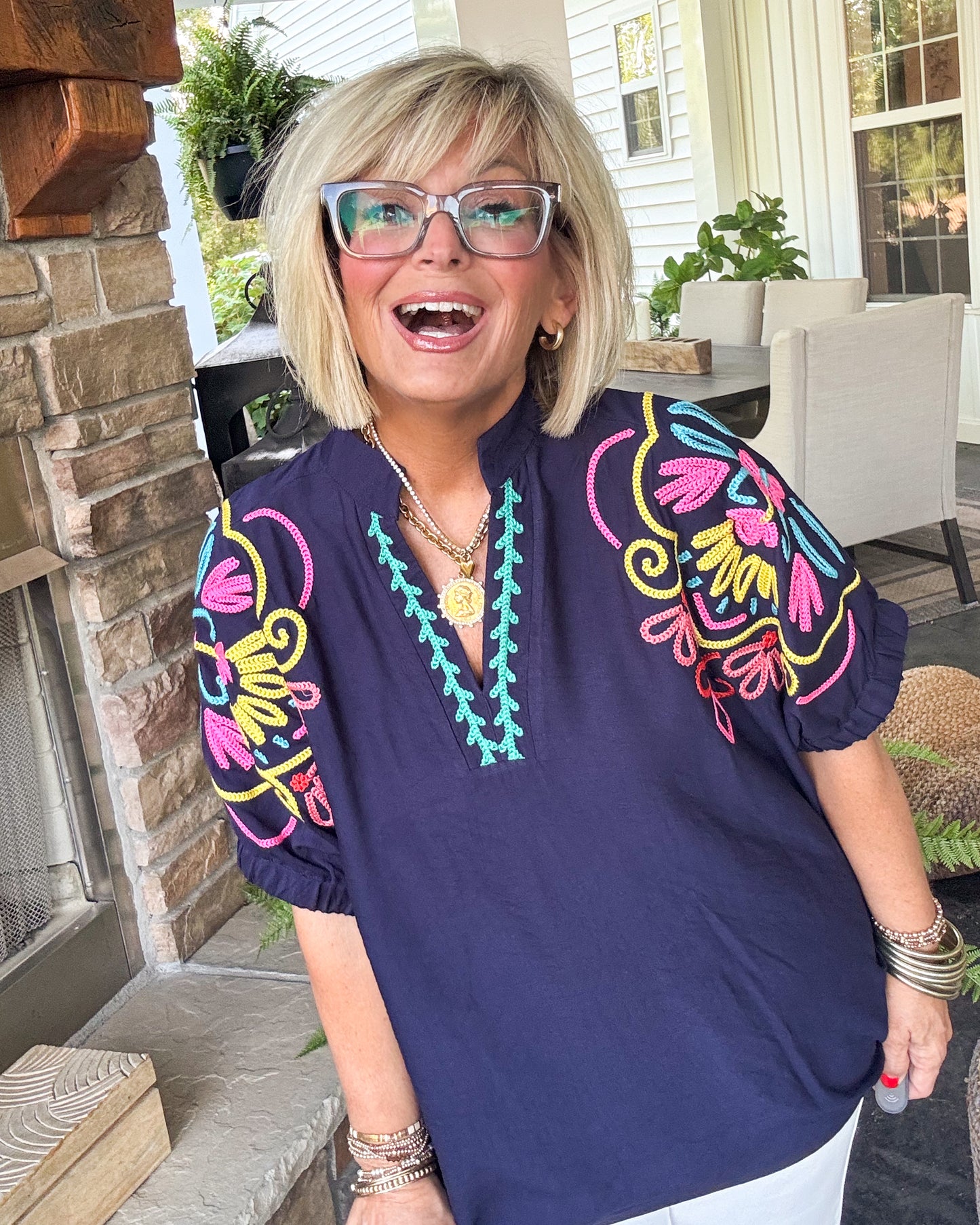 Sunshine Serenade Embroidered Split Neck Blouse