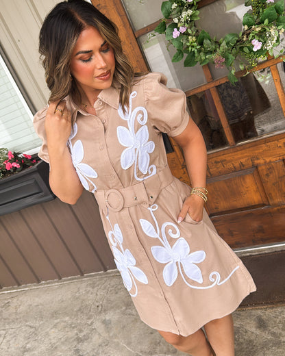 Class Act Floral Embroidered Linen Shirt Dress
