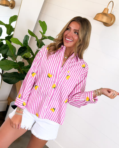 Citrus Charm Striped Lemon Embroidered Shirt