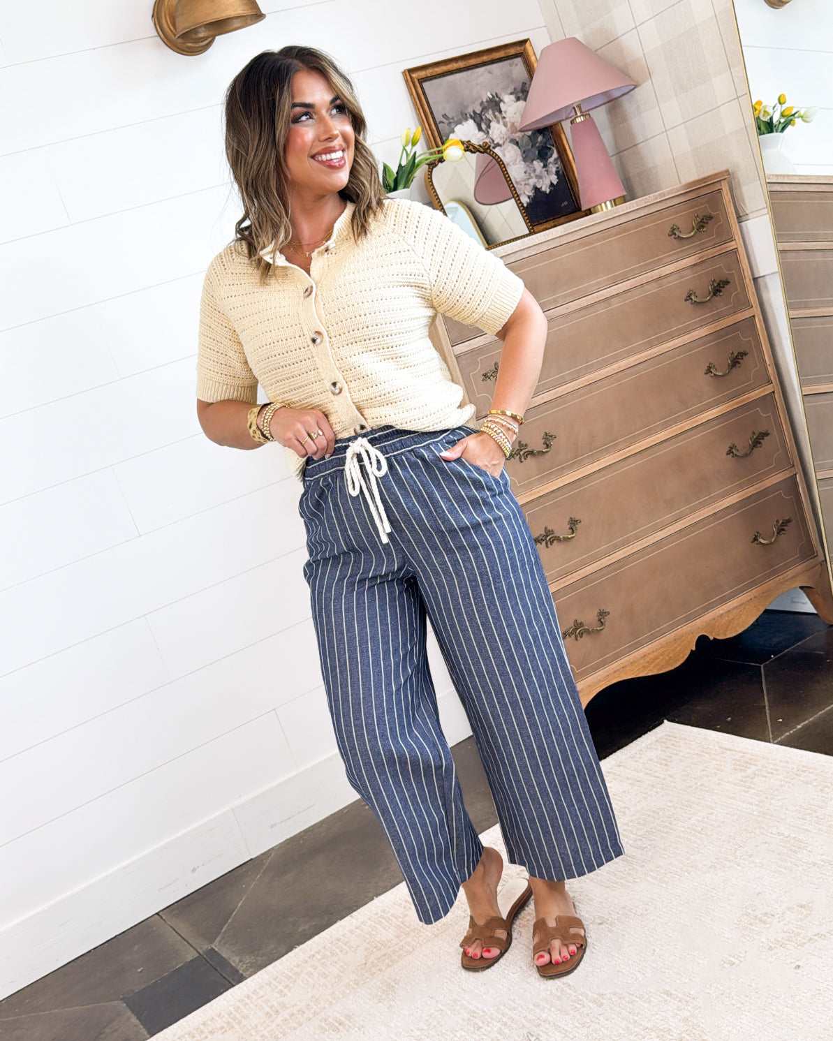 Harbor Line Striped Drawstring Crop Wide Leg Pants