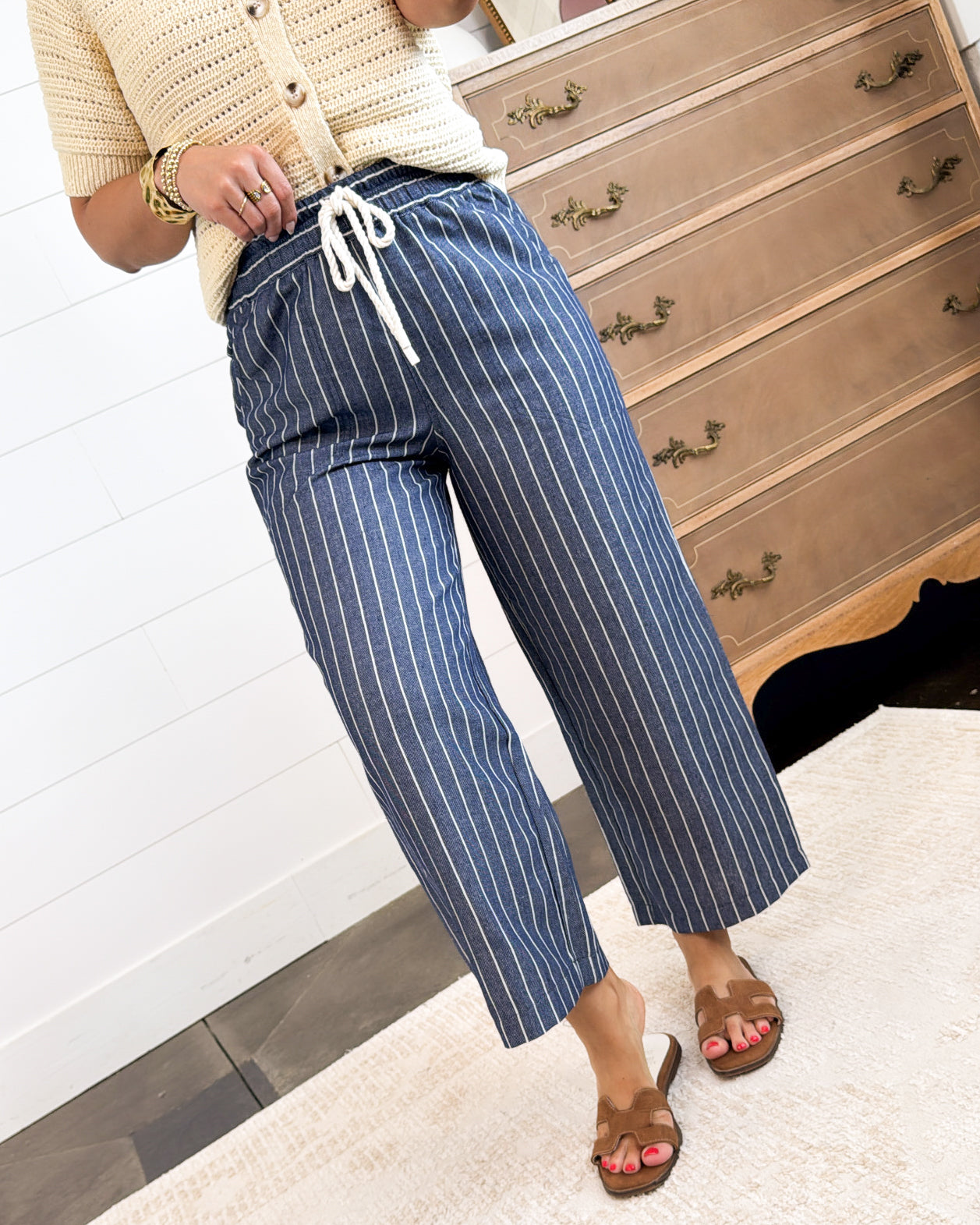 Harbor Line Striped Drawstring Crop Wide Leg Pants