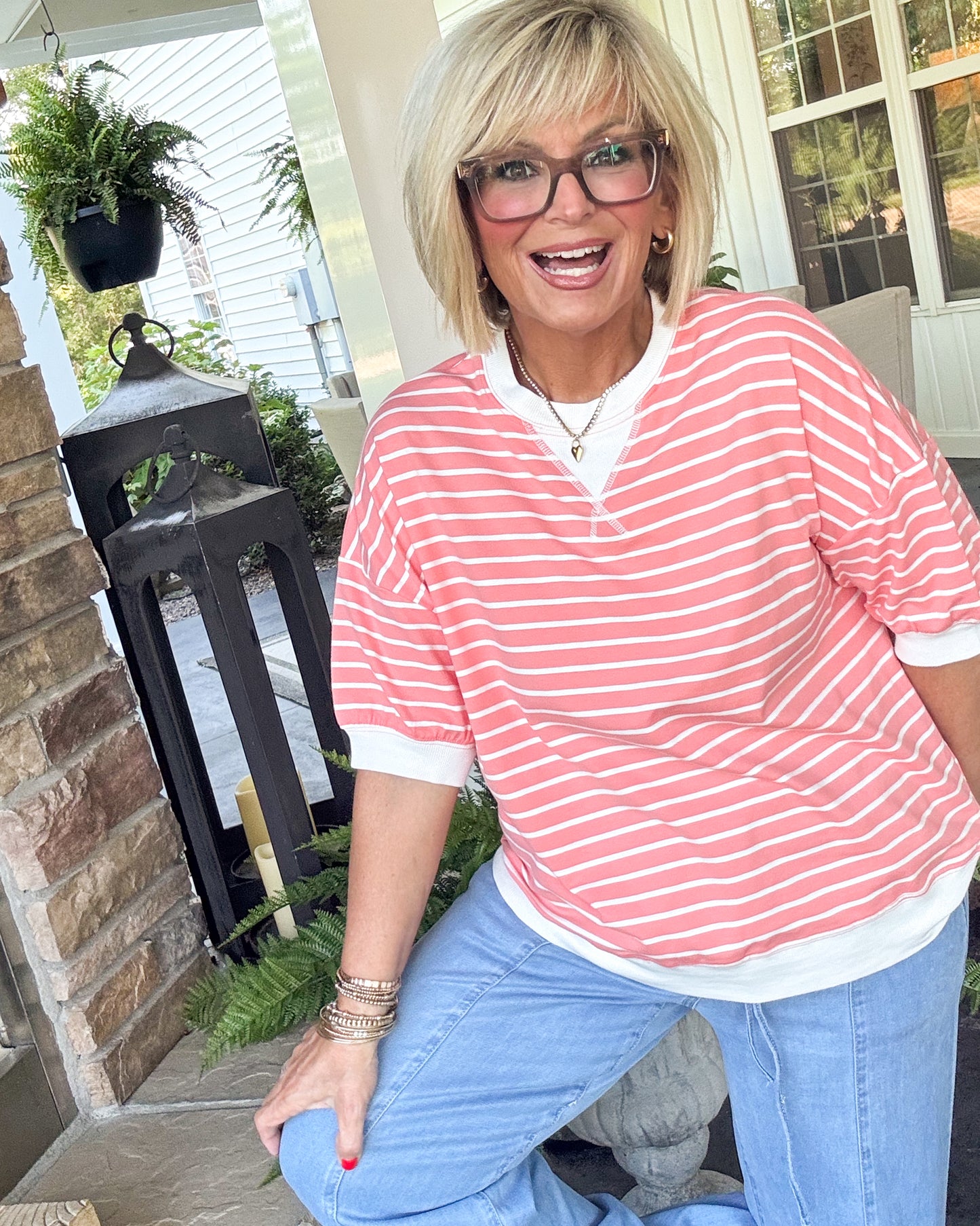 Saturday Social Striped Contrast Stitch Top