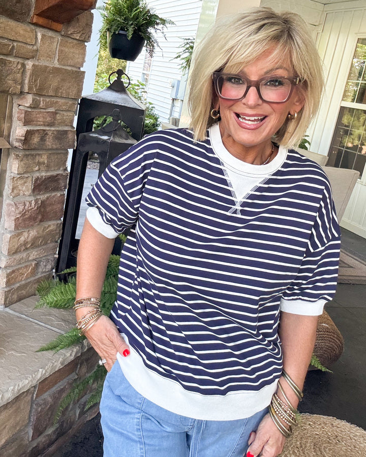 Saturday Social Striped Contrast Stitch Top