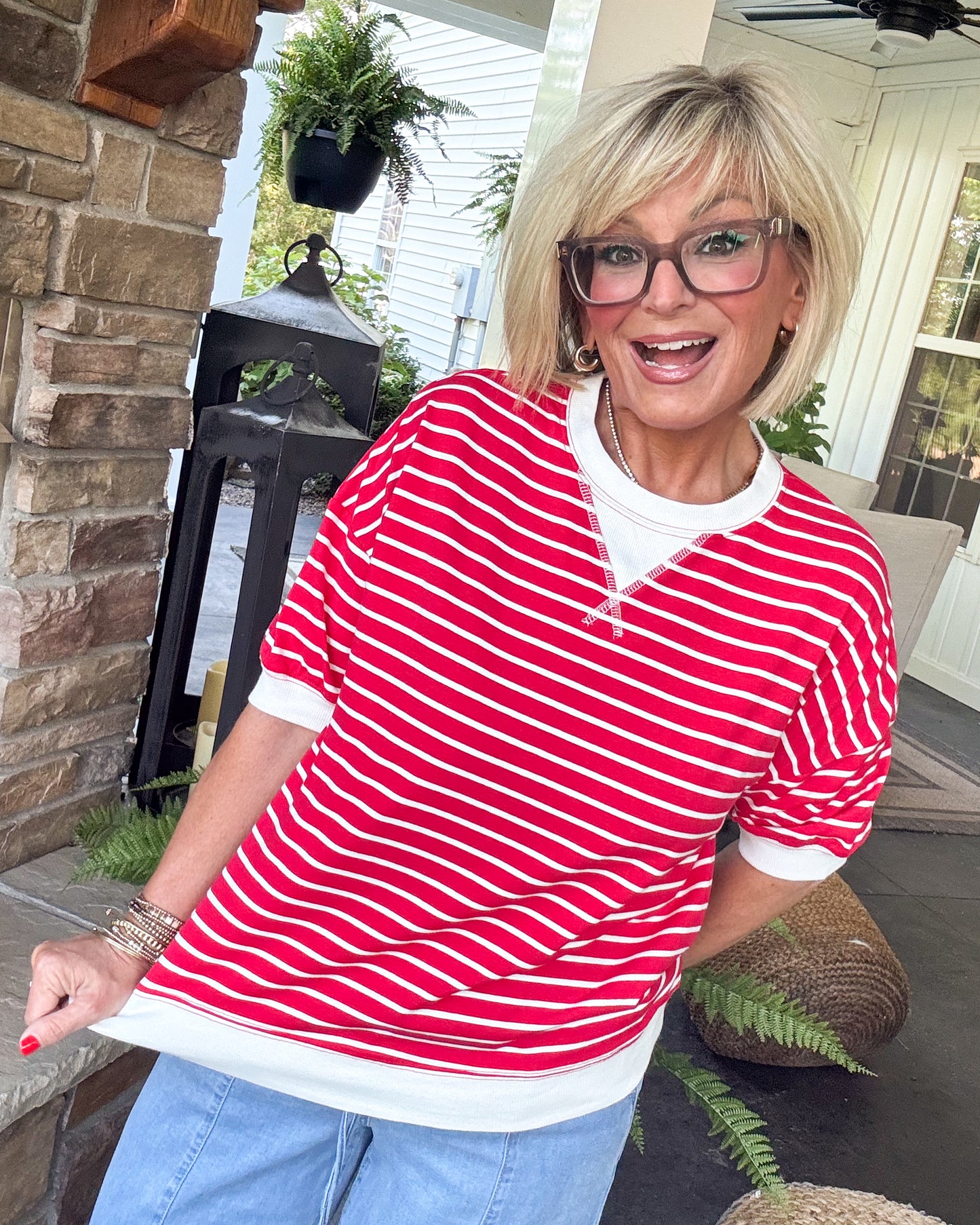 Saturday Social Striped Contrast Stitch Top