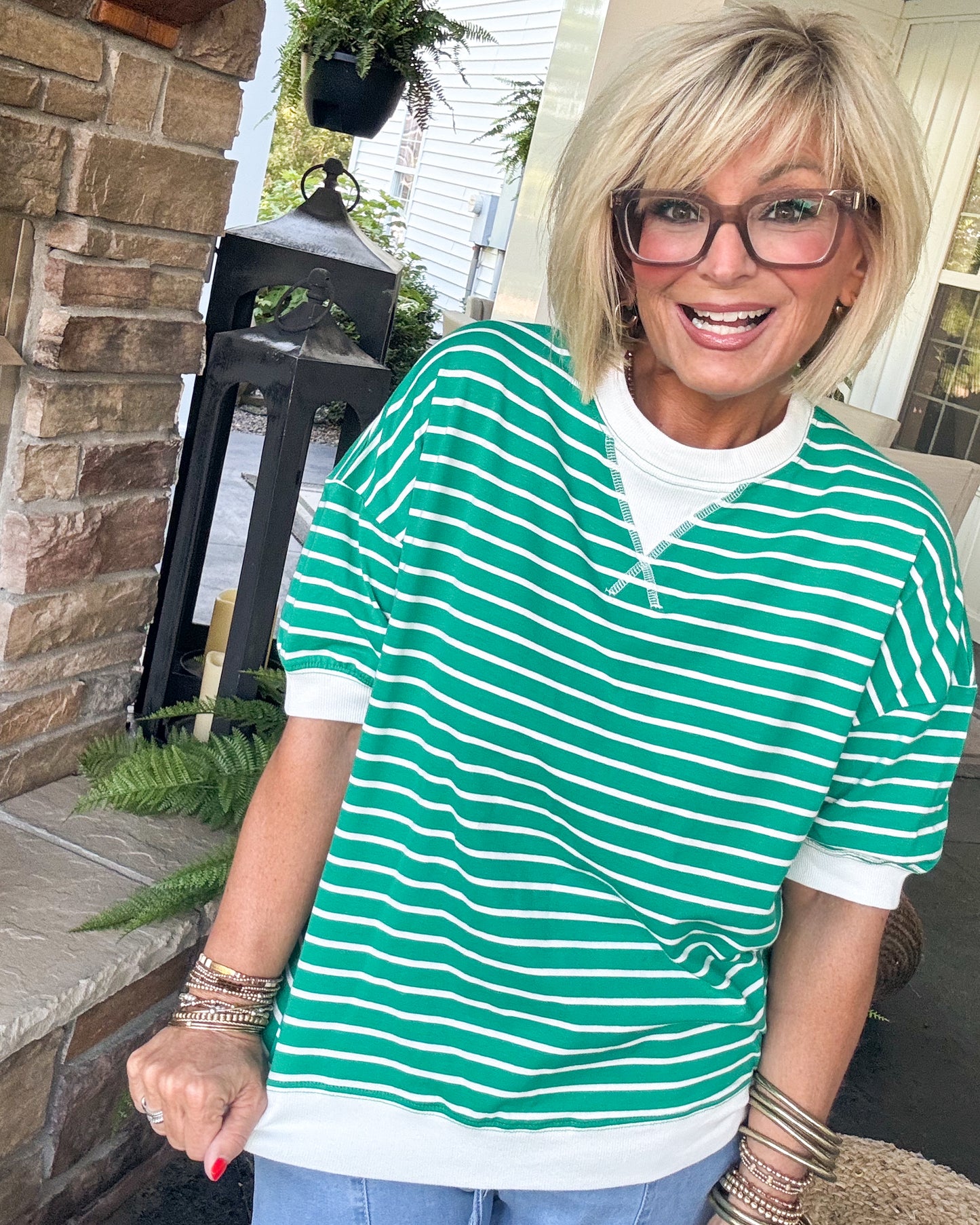 Saturday Social Striped Contrast Stitch Top