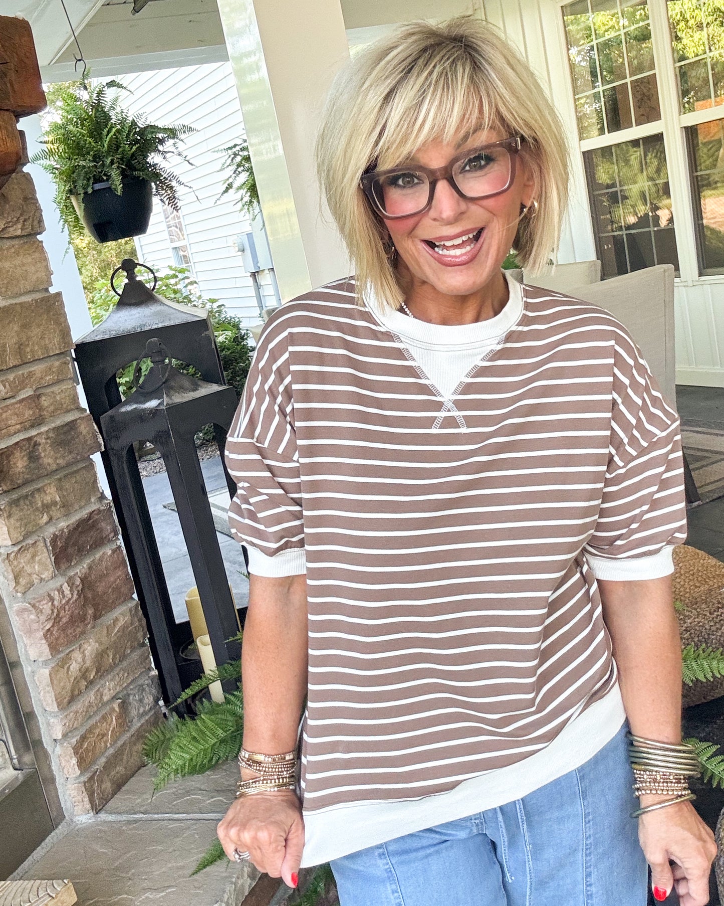Saturday Social Striped Contrast Stitch Top