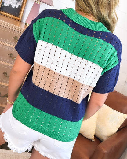 Side Of Summer Open Knit Color Block Polo Sweater