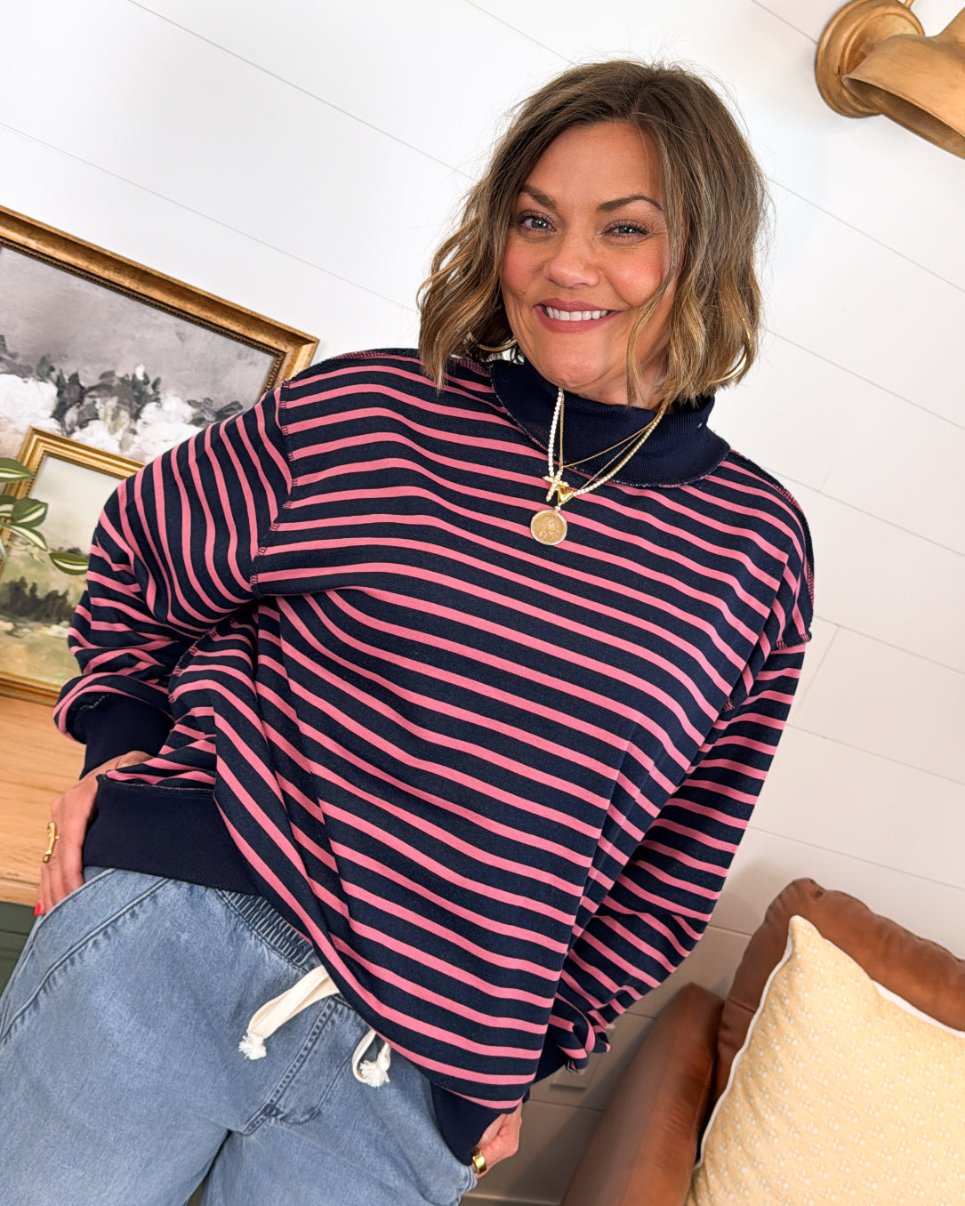 Road Trip Striped Mock Neck Pullover