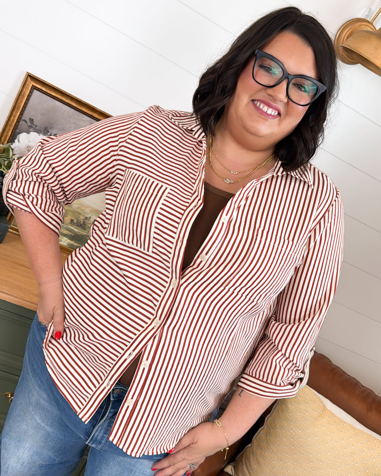Upper Class Striped Tab Sleeve Pocket Shirt