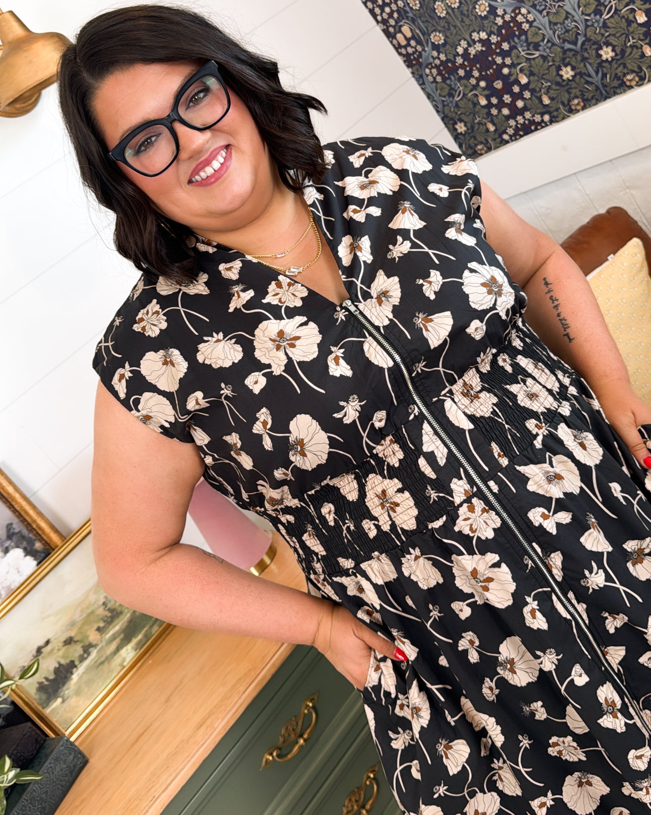 Poppy Fields Floral Half Zip Midi Dress