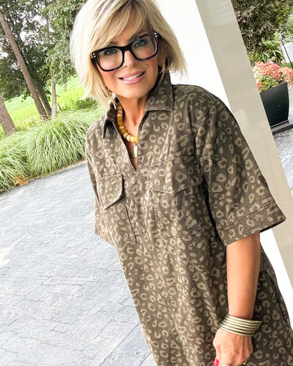 Safari Vibes Leopard Collared Pocket Dress