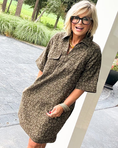 Safari Vibes Leopard Collared Pocket Dress