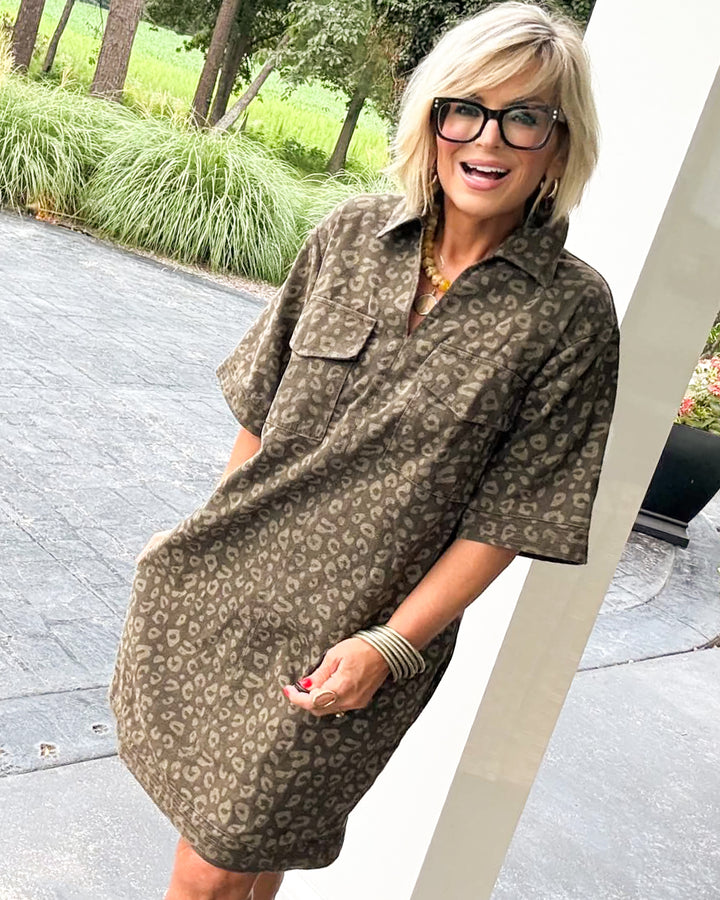 Safari Vibes Leopard Collared Pocket Dress