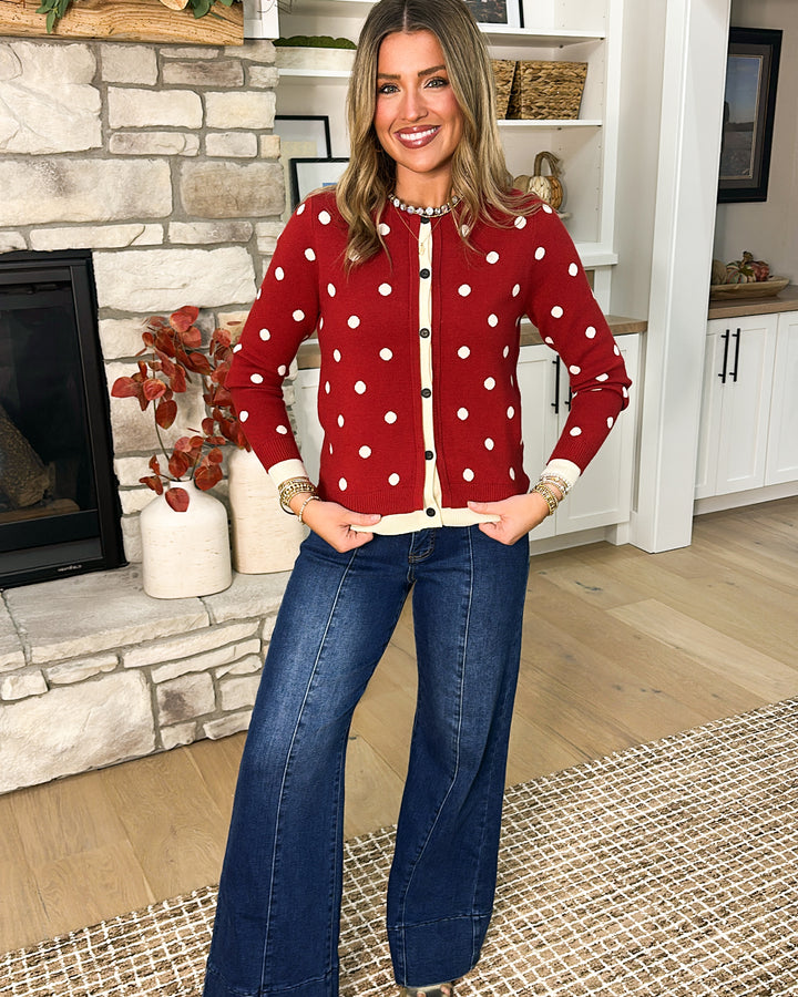 Memory Lane Polka Dot Contrast Trim Sweater Cardigan