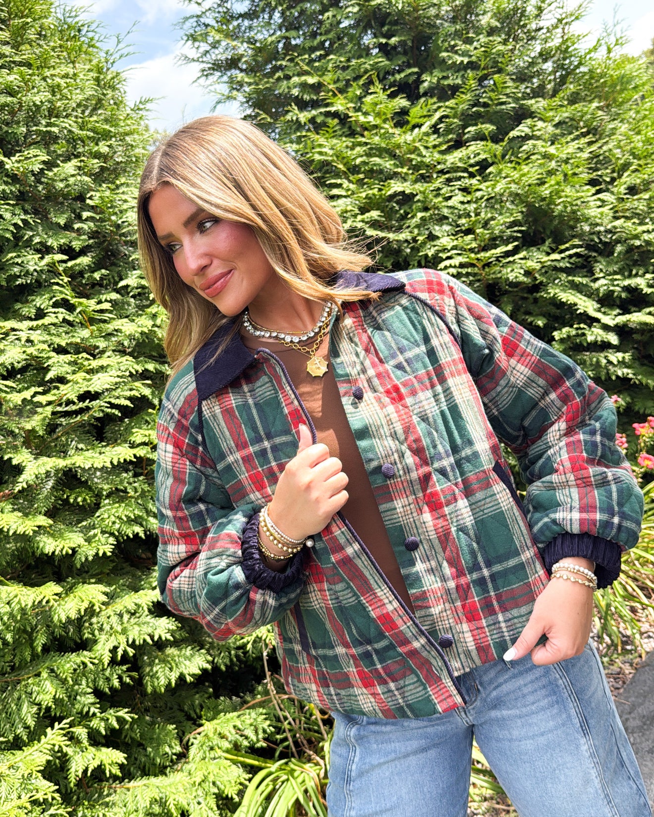 Rustic Retreat Plaid Contrast Corduroy Quilted Jacket