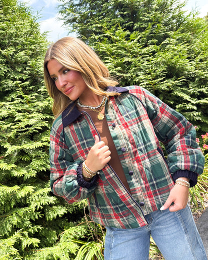 Rustic Retreat Plaid Contrast Corduroy Quilted Jacket