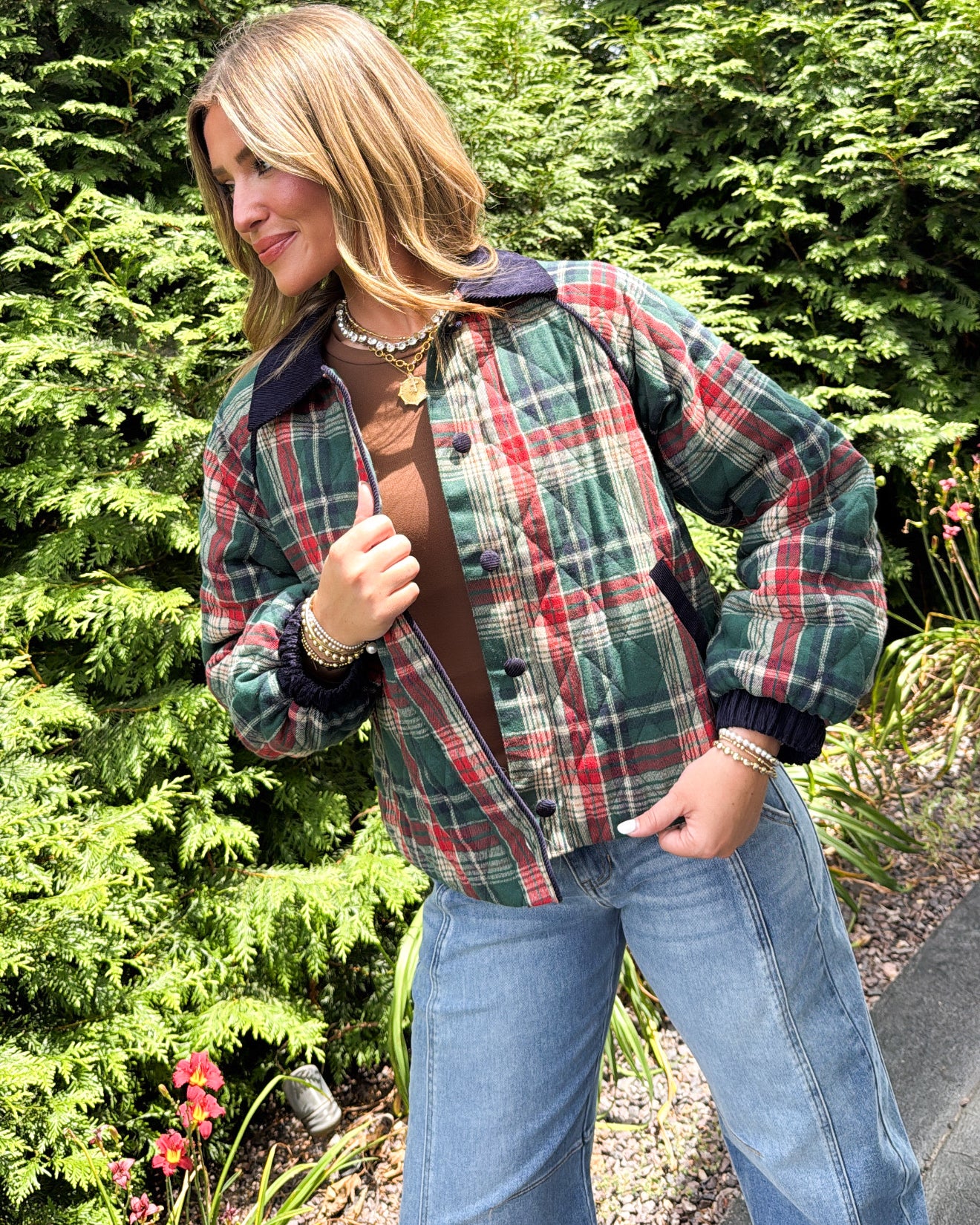 Rustic Retreat Plaid Contrast Corduroy Quilted Jacket