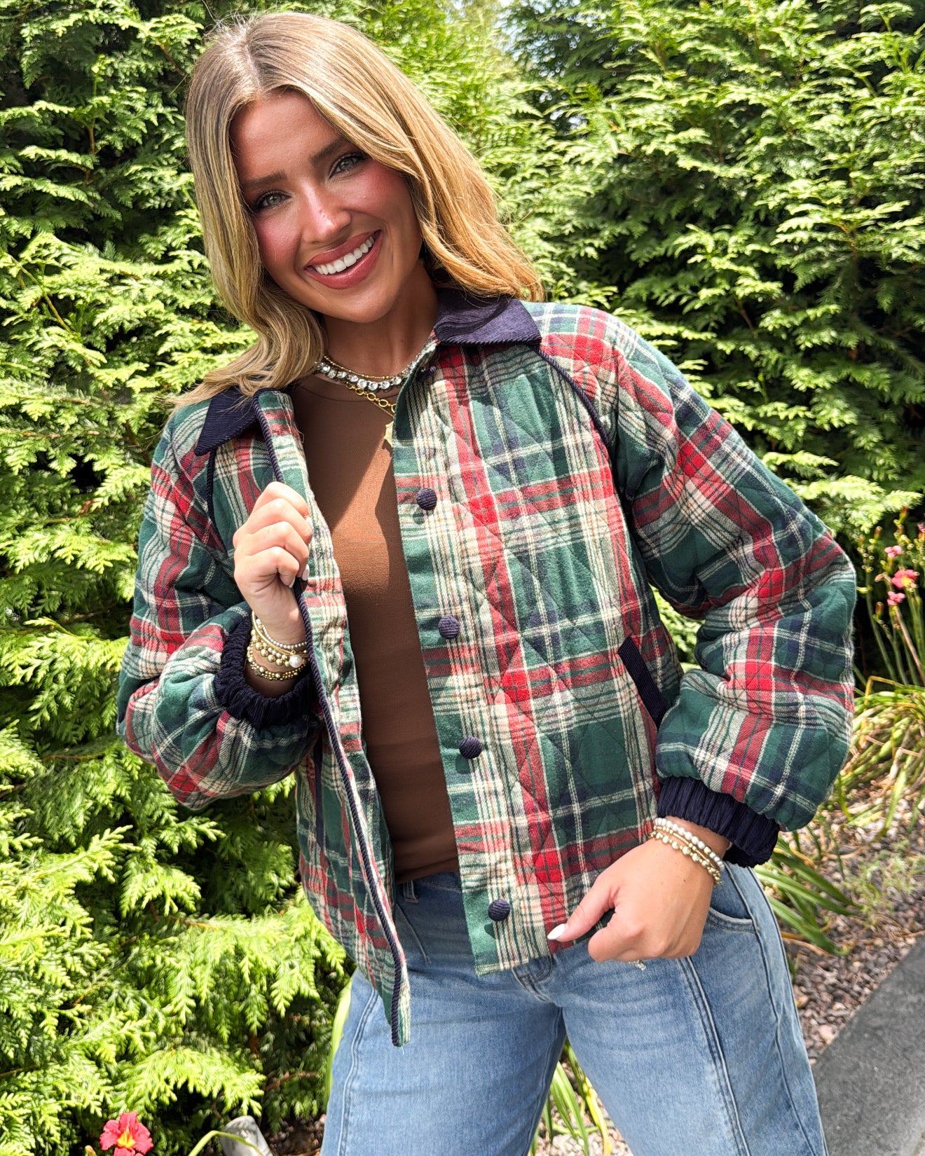 Rustic Retreat Plaid Contrast Corduroy Quilted Jacket