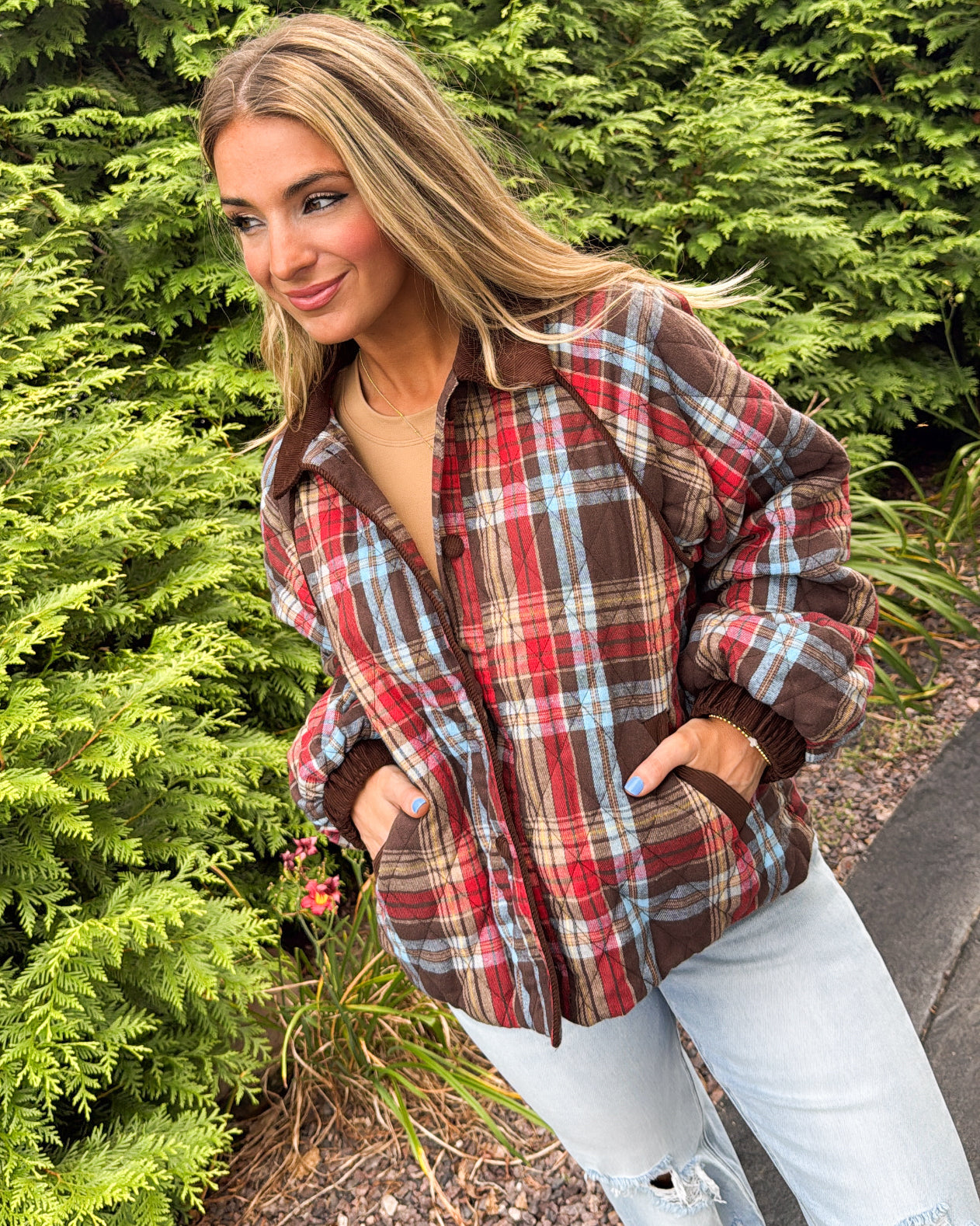 Rustic Retreat Plaid Contrast Corduroy Quilted Jacket