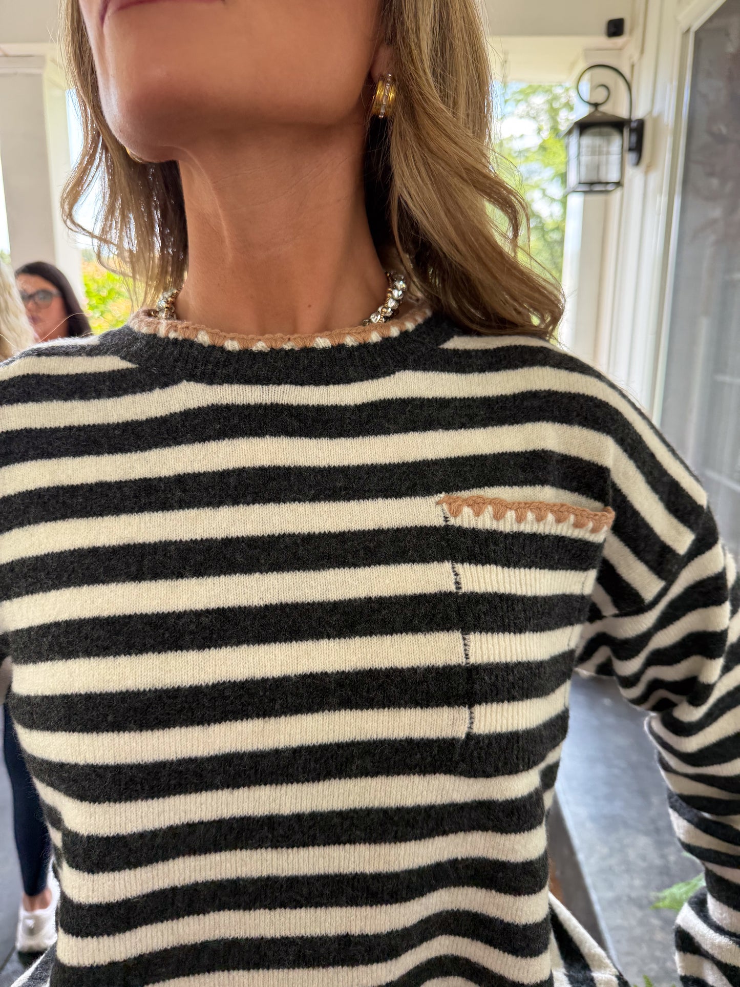 Sweet Talker Striped Contrast Stitch Pocket Sweater