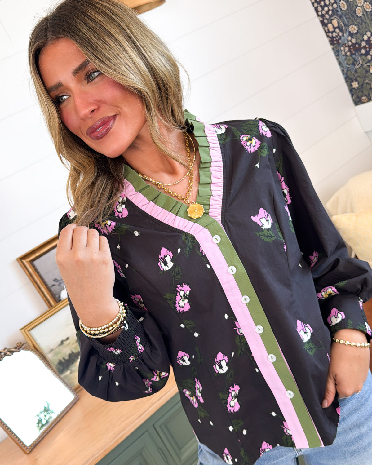 Wildflower Whisper Floral Contrast Trim Blouse