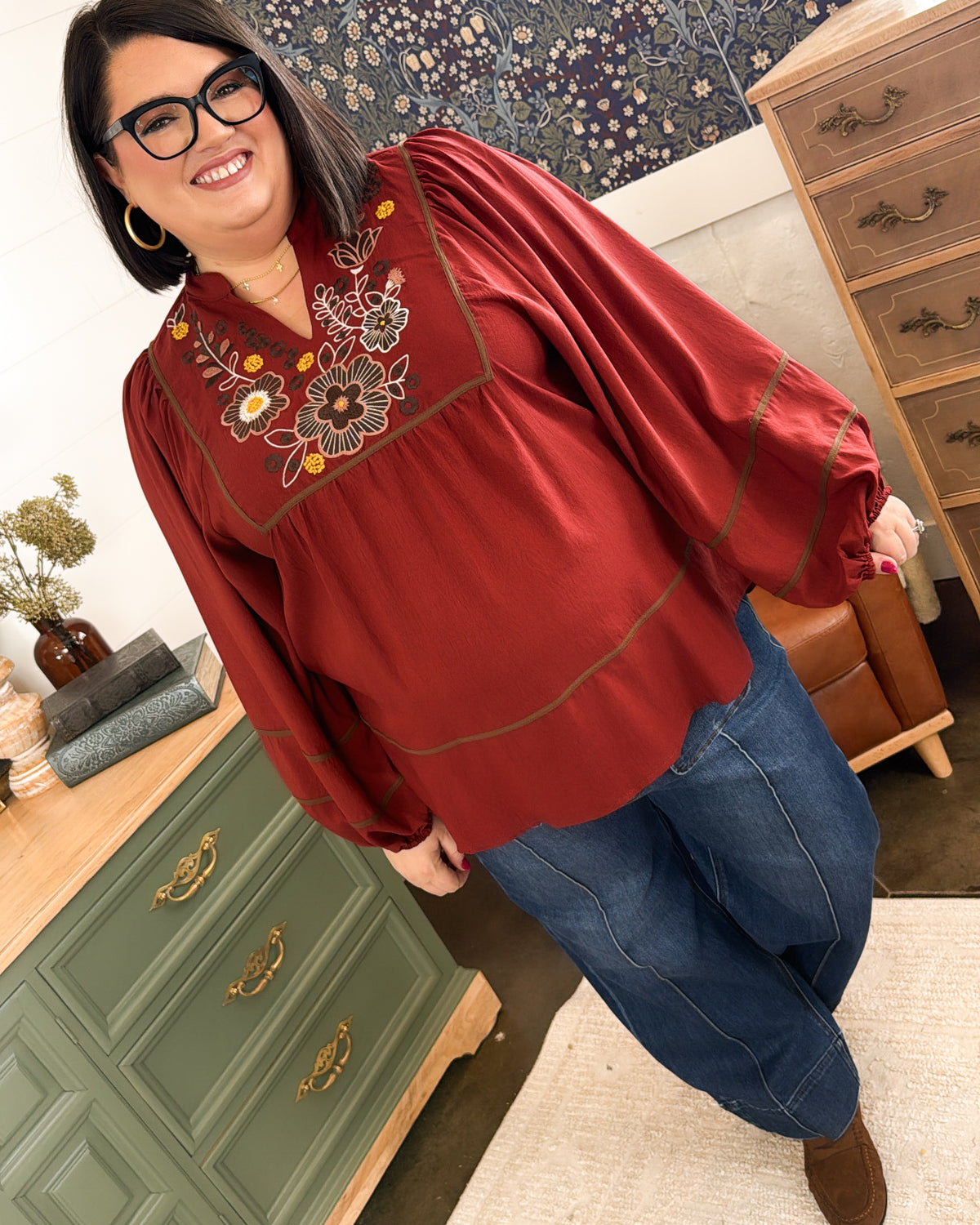 Hidden Gardens Floral Embroidered Babydoll Blouse