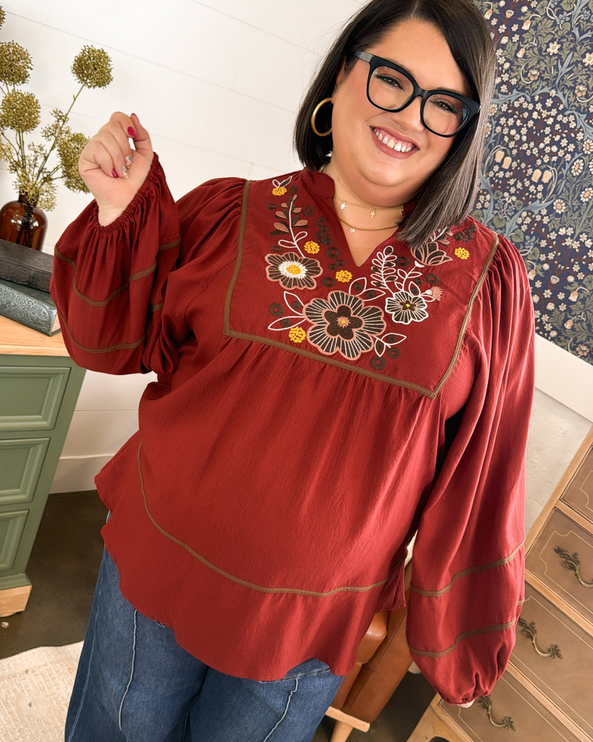 Hidden Gardens Floral Embroidered Babydoll Blouse