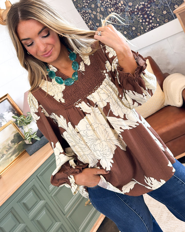 English Garden Floral Smocked Peasant Blouse
