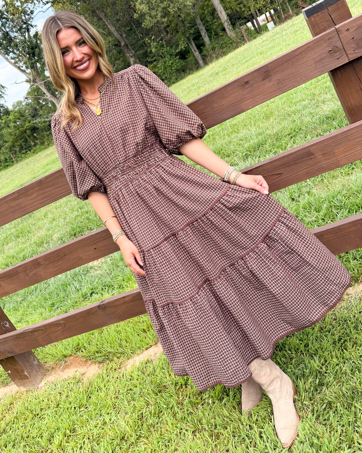 Maple Lane Plaid Smocked Waist Tiered Midi Dress