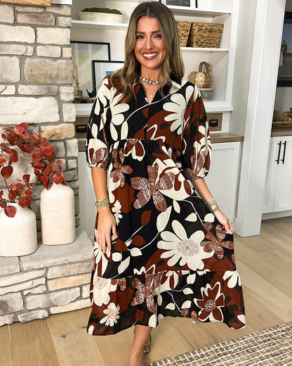 Retro Romance Floral Collared Tiered Midi Dress