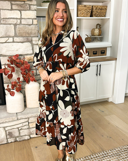 Retro Romance Floral Collared Tiered Midi Dress