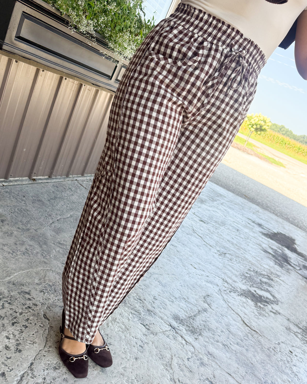 Country Charm Gingham Barrel Leg Pants