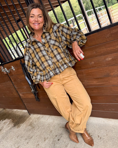 Western Wind Plaid Ruffle Hem Shirt