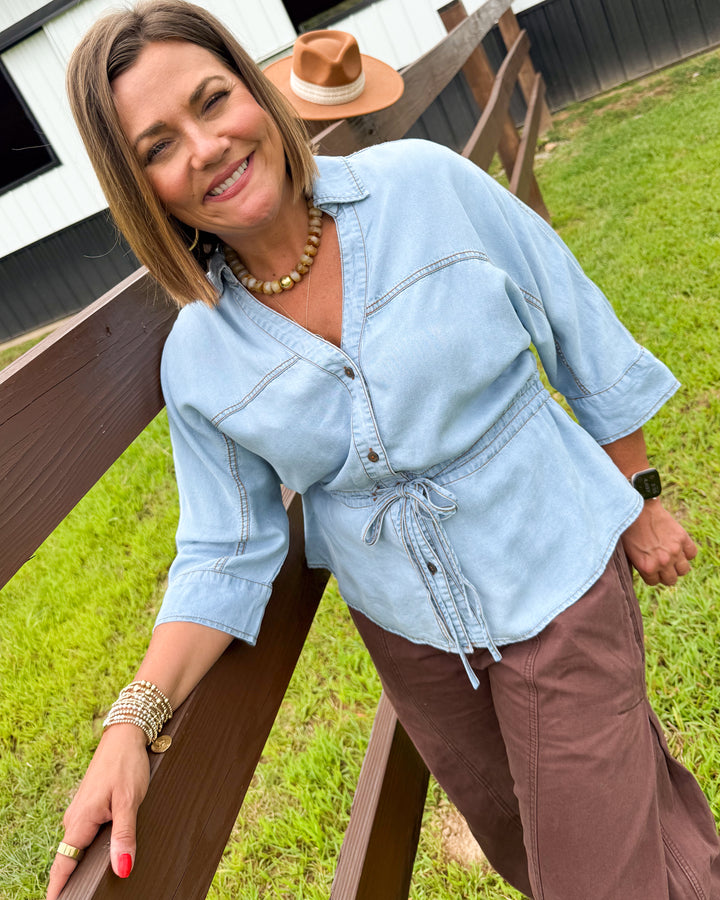 Blue Skies Chambray Drawstring Waist Shirt
