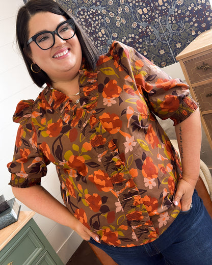 Harvest Blooms Floral Ruffle Front Blouse