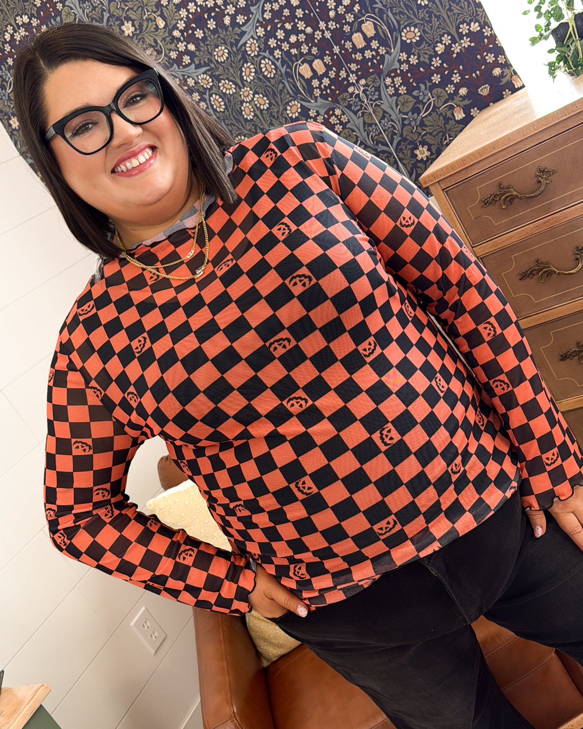 Pick Of The Patch Checkered Pumpkin Sheer Mesh Top