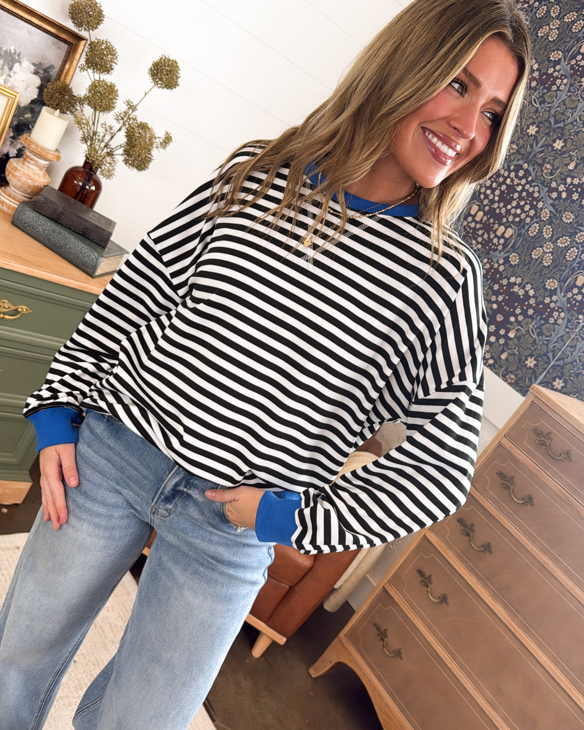 Happy Go Lucky Striped Top Stitch Pullover