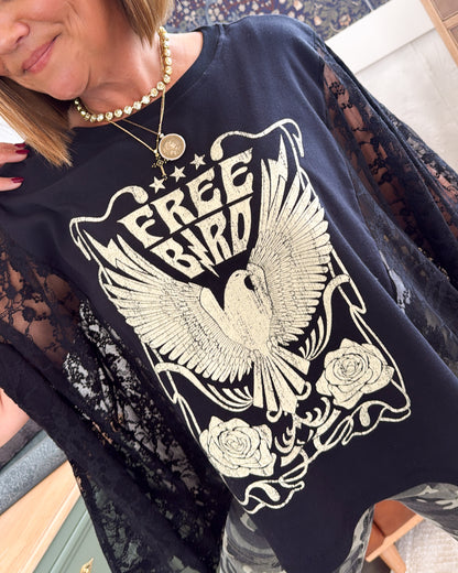 Free Bird Wide Lace Sleeve Graphic Tee