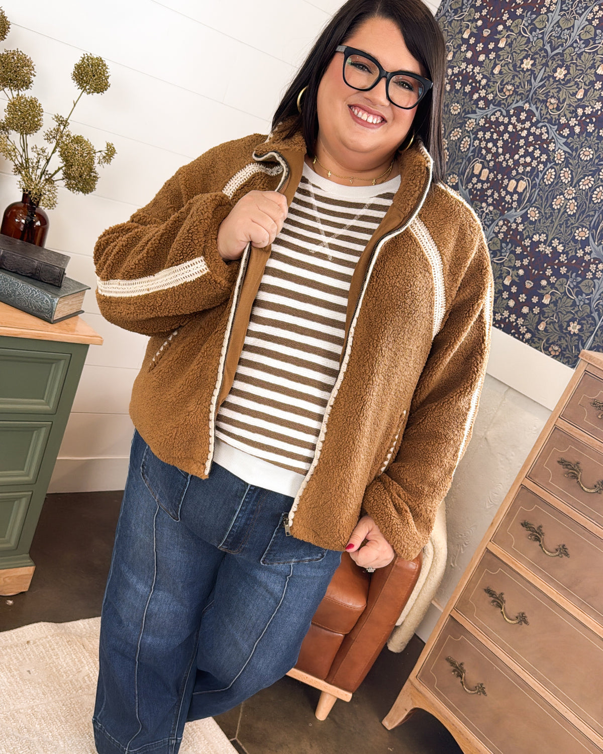 Stitch In Time Contrast Trim Sherpa Jacket
