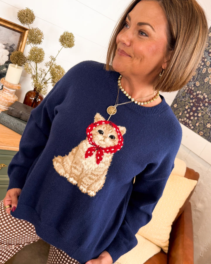 Winter Whiskers Cat With Scarf Knit Sweater