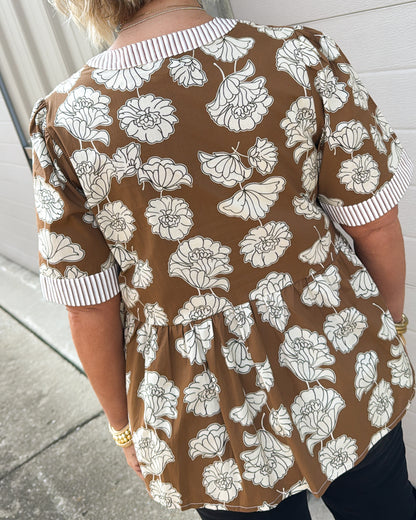 Falling Flowers Floral Contrast Trim Top