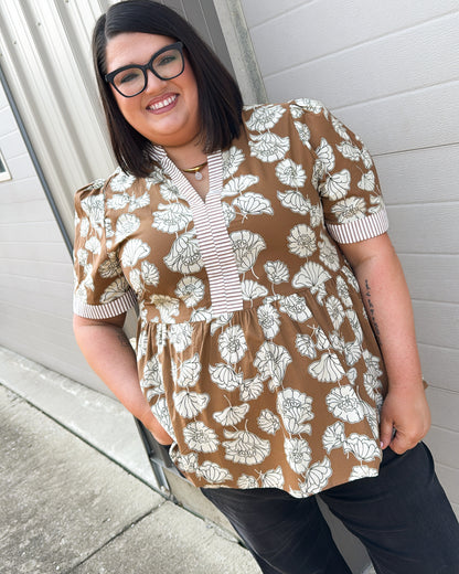 Falling Flowers Floral Contrast Trim Top