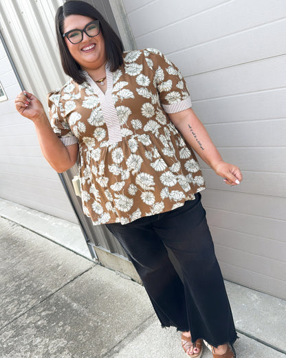Falling Flowers Floral Contrast Trim Top