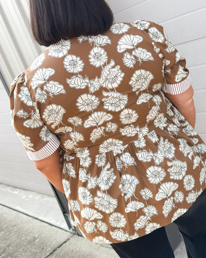 Falling Flowers Floral Contrast Trim Top